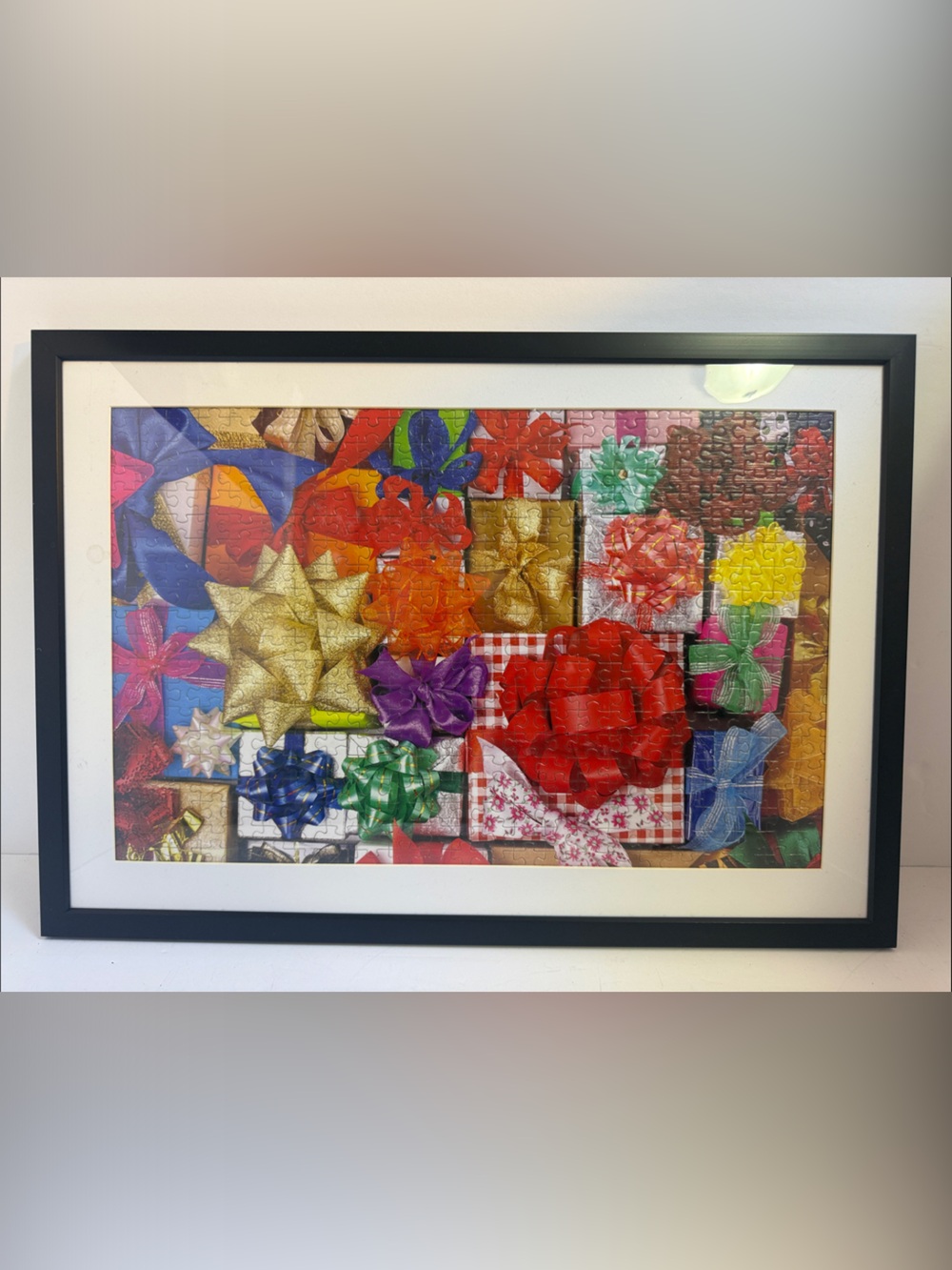 Framed Puzzle Holiday Gift Bows Wall Art - Multicolor